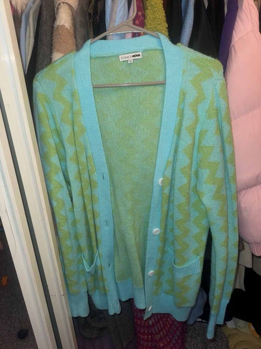 Fashion Nova Aqua and Lime Zigzag Knit Cardigan